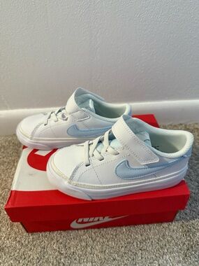 Nike Kids White Sneakers with Light Blue Swoosh